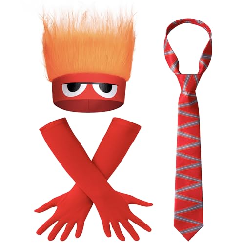 3Pcs Halloween Anger Costume Accessories Adult Angry Flame Headband Stripe Tie Red Long Gloves Mens inside Cosplay Party Set out