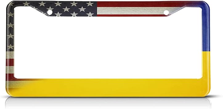 USA Flag and Ukraine Flag License Plate Frame Star Stripe Flag License Plate Holder Car Tag Frame License Plate Car Accessories 2 Holes Novelty Auto Car Tag Vanity Present