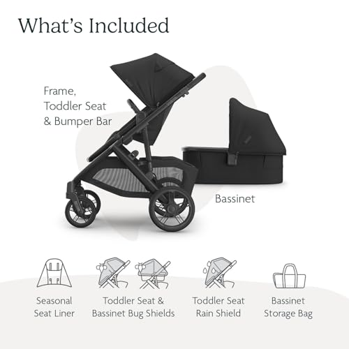 Image of UPPAbaby Vista V3 Stroller + Bassinet V3 - Convertible Single-to-Double Stroller System- Bassinet, Toddler Seat, Bug Shield, Rain Shield Included - Jake (Charcoal /Carbon Frame /Black Leather)