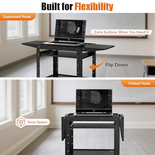 Image of All-Steel Rolling AV Cart with Adjustable Height & Built-in Power - Heavy-Duty Media Workstation with Drop-Leaf Shelves & Wheels for Projectors, Laptops, Printers - Classroom, Office & Studio, Black
