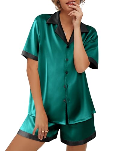 Image of Ekouaer Womens Silk Satin Pajama Set Short Sleeve PJs 2 Piece Button Down Top and Shorts Notch Collar Sleepwear Sets Soft Pjs