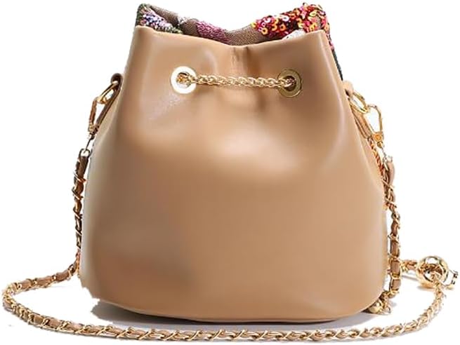 Sequins Bucket Bag Chinese Retro Crossbody Bags Embroidered Flowers Chain Handbag For Travel Daily Shopping 1PCS