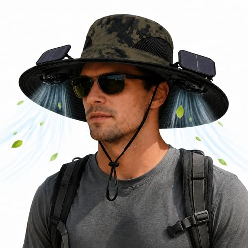 Berlune Sun Hat with 2 Solar Fan Wide Brim Fishing Bucket Hat USB & Solar for Men Women UPF 50+ Cooling for Fishing Beach(Army Green 5.9 Inch Brim)