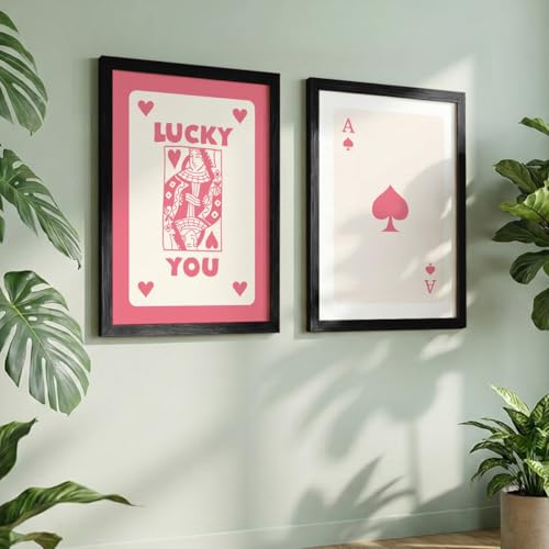 Image of NoWorries Playing Cards Wall Art Framed Painting | Lucky You Typography & Ace of Spades Card Art Prints | Minimal Pink Aesthetic Posters Frames | Premium 300 GSM Paper Print with Synthetic Wooden Frame | Modern Wall Decor for Living Room, Bedroom and Office (Set of 2) (BLACK, ART-7, 10X13INCHES)