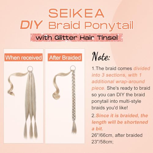 Seikea SK-2P-26LSBZ258-HD14/88H Braid Ponytail Extension With Glitter Hair Tinsel, 2Pcs 26 Inch Long Straight Diy Braid Hair Extension With Hair Tie, Wrap Around Hair Extensions Ponytail Hairpiece Blonde Pale Gold Highlights thumb #1