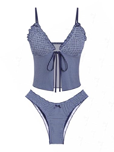 seamoly Gingham Bowknot Decor Smocked Ruffles Tie Front Tankini Set