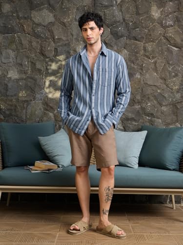 Image of The Souled Store Striped Shirt: Lagoon Men and Boys Long Sleeve Spread Collar Blue Textured Cotton Lightweight Easy to Style Everyday Office Wear Casual Relaxed Shirt