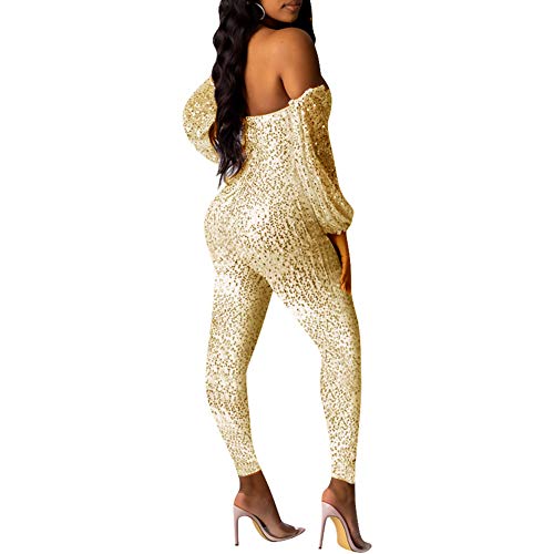 Nhicdns Women's White Sexy Long Sleeve Sequin Pearl See Through Sheer Mesh Bodycon Jumpsuits Long Romeper Pants Club Wear - Size Large