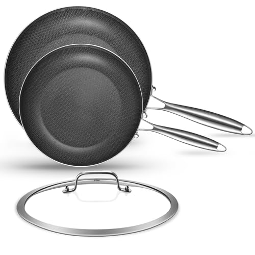 8.5-10 Inch Hybrid Non-stick Tri-Ply Stainless Steel Sauté Pan Set with A Lid,Nonstick Frying Pan Set of 2,Skillets,Induction Cooking Pans,Heavy Duty and Oven Safe.