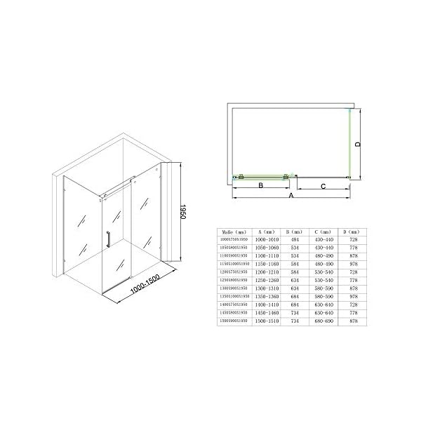 doporro Eck-Duschkabine Eckdusche Ravenna17-2 90x100x195cm Duschabtrennung mit Schiebetür ESG-Sicherheitsglas Klarglas 4-Punktbefestigung inkl. beidseitiger Easy-Clean-Beschichtung – Bild 8