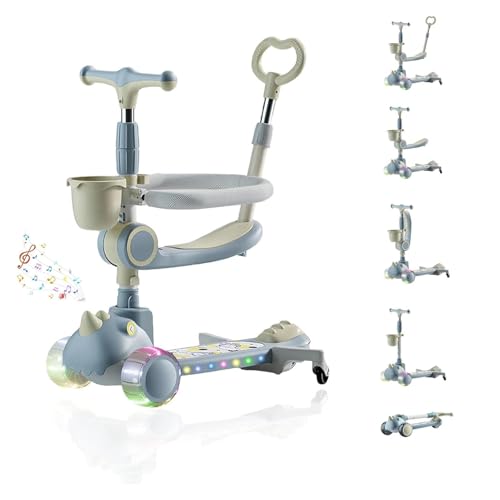 NMM Patinete infantil 3 en 1 | Patinete con función de asiento | Patinete infantil con espectáculo de luz musical | Patinete infantil a partir de 2, 3, 4, 5 años | Patinete infantil plegable con cesta