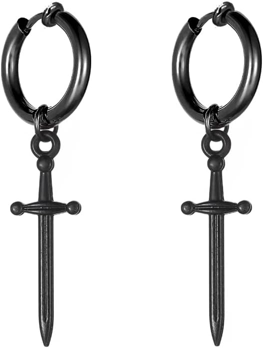 Clip on Dagger Sword Minimalist Dangle Drop Small Hoop Earrings for Men Women Boys Non Pierced Ear 316L Stainless Steel Charms Fake Huggie Hoops Cartilage Hypoallergenic Fashion Personalized Punk Hip Hop Vintage Dangling Gifts Boyfriend Birthday Bff 12mm