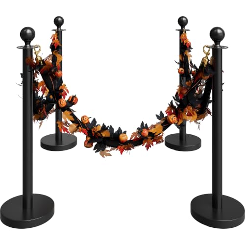 Image of 4 Pack Halloween Black Stanchions and Velvet Ropes Set, Stainless Steel Crowd Control Barriers, 3Pcs Black Ropes and Poles for Party Supplies,Photobooth Accessories, Prom,Halloween Decorations