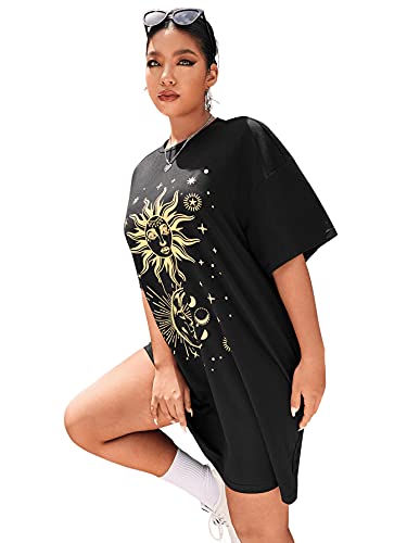 Soly Hux Women's Plus Size Graphic Print Half Sleeve Loose T Shirt Dress Black Sun Moon 2Xl #TOP4