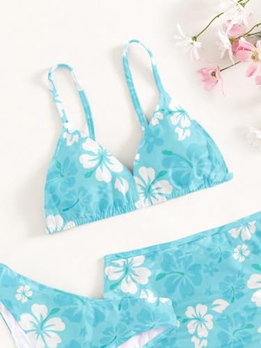 Image of COZYEASE Girls' 3 Piece Set Floral Print Bikini Swimsuit with Drawstring Beach Skirt Cute Ruched Bathing Suit