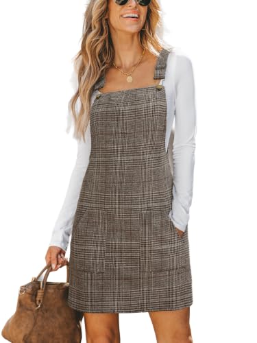 CUPSHE Women Corduroy Square Neck Wide Strap Mini Dress Brown Plaid, M