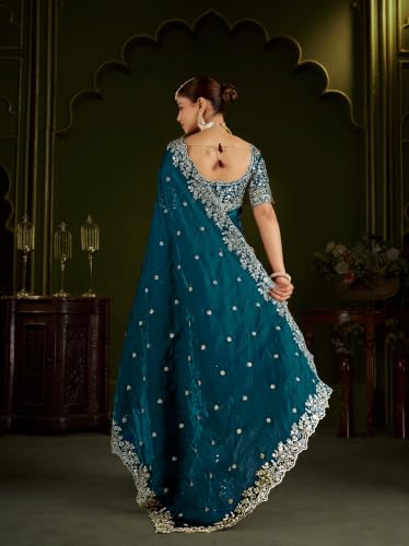 Image of DESTY Saree with Intricate Gold Embroidered Border & Designer Blouse