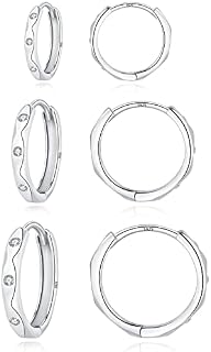 Loutade Silver Hoops Earrings for Women, 3 Pairs 925 Sterling Silver Hoop Earrings Set with Cubic Zircon, 9/11 / 13mm Unisex Round Huggie Sleeper Cartilage Silver Hoop Earrings for Girls Women Men