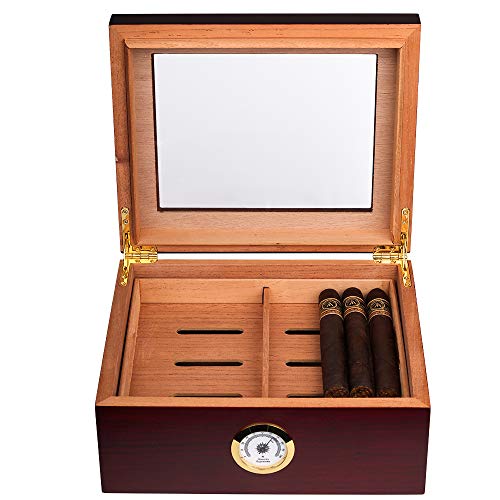 Mantello Glass Top Handcrafted Cigar Humidor - Holds (25-50 Cigars) - Spanish Cedar Cigar Box with Humidifier, Hygrometer and Adjustable Cigar Tray