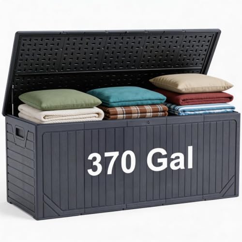 Image of 370 Gallon Extra Large Deck Box Waterproof, Thick Resin, Black