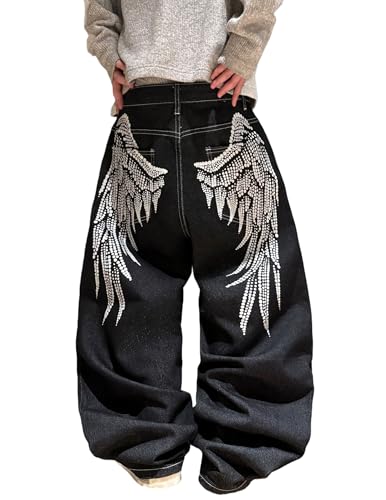 QGRSWBC Men's Wide Leg Jeans Large Wings Print Pattern on Back Pocket Baggy Loose Fit Denim Pants Skater Hip Hop Jeans Black L