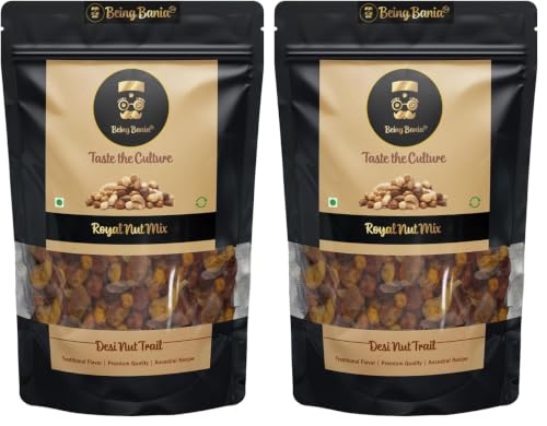Image of Being Bania Royal NutMix | No Palmolein Oil | Party Mix Namkeen, Desi Trail Mix with Cashews, Almonds, Peanuts, Chickpeas, Green Gram Mix | Premium Namkeen Chakna | 280g (Pack of 2)