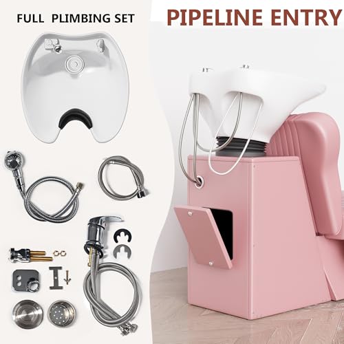 Image of Shampoo Backwash Unit, Barber Backwash Chair, Shampoo Bowl and Chair Set for Salon, Salon Hair Washing Station with Ceramic Shampoo Bowl (Pink)