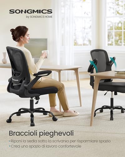 Sedia da Ufficio Girevole, Sedia di Rete da Computer Ergonomica, Supporto Lombare, Oscillante, Seduta 53 cm, Braccioli Pieghevoli, Nero OBN37BK - Sedia gaming - Immagine 3