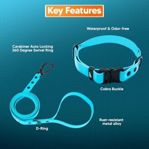 Image of Adil's Biothane Waterproof Dog Collar, Dog Leash & Collar Leash Combo | Heavy Duty TPU Coated Webbing | Adjustable Quick Release Buckle | Odour Resistant (Light Sky, L-22, Collar & Leash Combo)