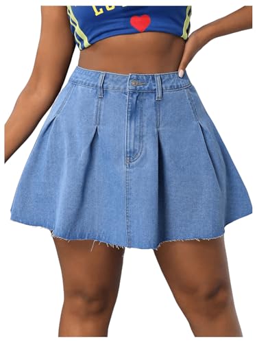 MakeMeChic Women's Plus Size Jean Skirt Pleated Y2k High Waisted Denim Pleated Mini Skirts