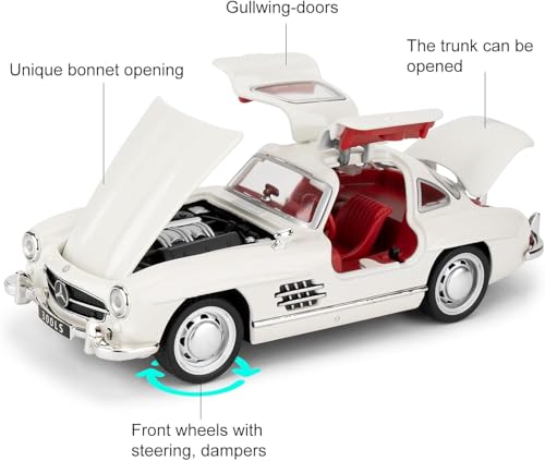 Image of BlackZone 1955 Marcedes- 300sl Vintage Model, 1 /24 Toy Car with Sound and Light Function, Children's Toy Model Car with Pullback Function, Collector's Quality (1:24 White)