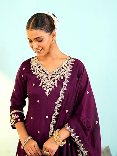 Image of Naixa Women's Vichitra Silk Embroidered A-Line Kurta with Pant and Dupatta Sets (NX-845)
