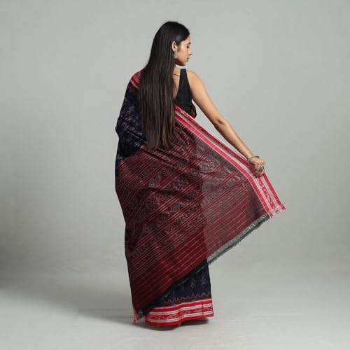 Image of ODISHAHANDLOOM Sambalpuri Pure Cotton Handloom Saree, Traditional Ikat Pattern, Red and Green, Without Blouse