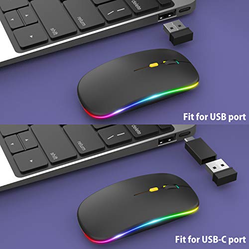 【Upgrade】 Led Wireless Mouse, Rechargeable Slim Silent Mouse 2.4G Portable Mobile Optical Office Mouse With Usb & Type-C Receiver, 3 Adjustable Dpi For Notebook, Pc, Laptop, Computer, Desktop (Black) #TOP6