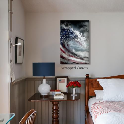 Image of American Flag Canvas Wall Art, 4th of July Patriotic Poster Print, USA Flag Ocean Waves Abstract Picture, Modern Independence Day Wall Decor for Bedroom Living Room 24x36in Unframed
