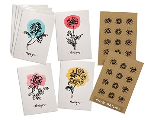 Image of Sugartown Greetings Botanical Watercolors Floral Thank You Cards Set - 24 Assorted Blank Watercolor Flower Thank You Cards with Envelopes & Kraft Seals - Peony, Poppy, Rose, & Sunflower Note Cards
