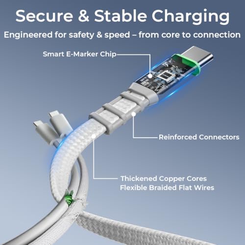 Image of Lenovo 240W USB-C Retractable Cable, 4ft, 5W-240W Adaptive Charging, GaN Charger Compatible, for Laptops, MacBook, Phones, Tablets, Switch & Power Banks, Tangle-Free, White