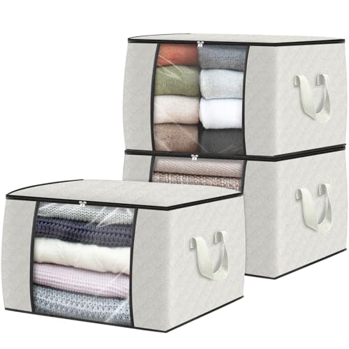 Fab totes 3 Pack Clothes Storage, Foldable Thick Fabric Blanket Storage Bags, Containers for Organizing Bedroom, Closet, Clothing, Comforter, Organization with Handle,Ivory White