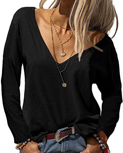 Tankaneo Damen Langarmshirt Mode Tiefer V-Ausschnitt Langarm Tops Solide Lässig Lose Basic Oberteil T-Shirt