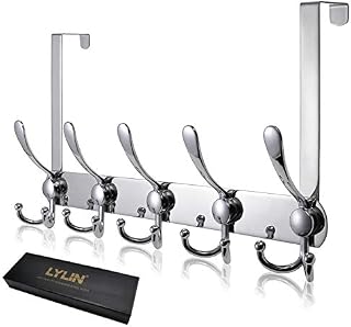 Over the Door Hook Hanger, LYLIN Stainless Steel Hangers for Door with 15 Hooks, Heavy Duty Storage Rack Wall Hanger for Coat, Clothes Towe Bag Robe (Silver, Doors Thickness 4.5 cm)