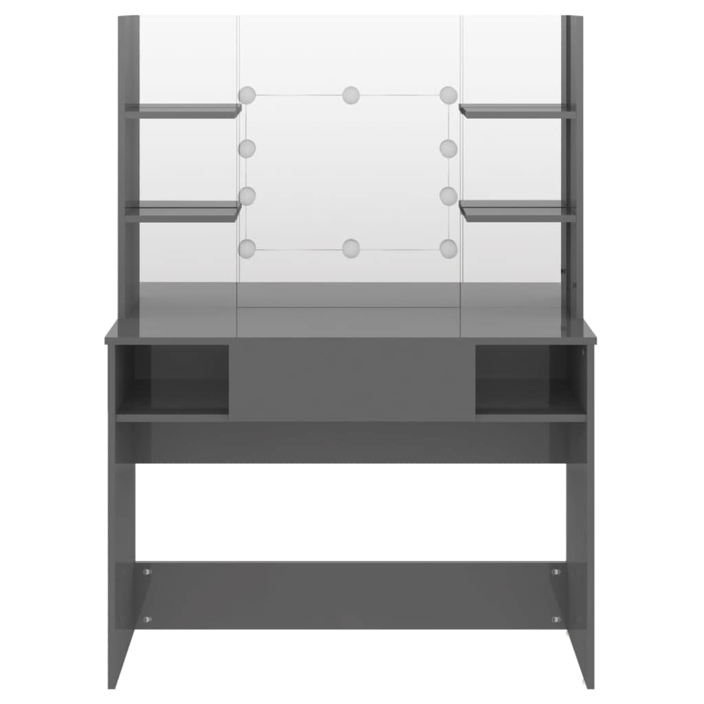 Schminktisch LED Beleuchtung 100x40x135 cm MDF Melamin glänzend grau, mit Spiegel 10 LED Lampen, USB 5 V für Schlafzimmer Styling und Make up