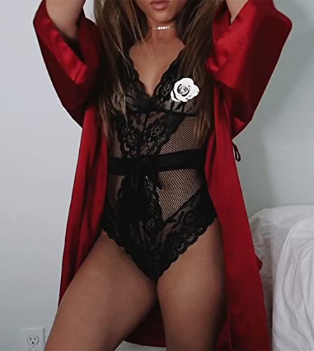 Garmol Women Lingerie One Piece Fishnet Teddy Lace Cups Bodysuit Mesh Babydoll (Large, black)