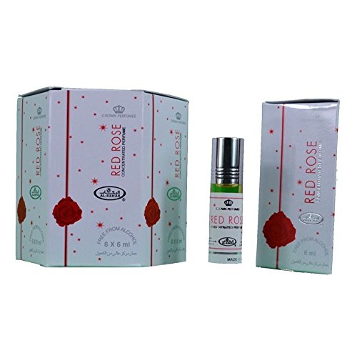 Lot de 6 Huiles Parfumées Parfum RED ROSE Al Rehab 6 ml Notes Rose Vanille Poudrée Sans Alcool – Huile de Parfum Musc Oriental pour Femme et Homme