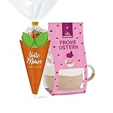 2er Ostergeschenkset Tasse Herz mit Marshmallows in Hasenform & Fruchtgummis in der Candytüte Volle Möhre Ostern | Süßes Ostergeschenk für Kinder & Erwachsene | Perfekt für Osterkorb & Frühling