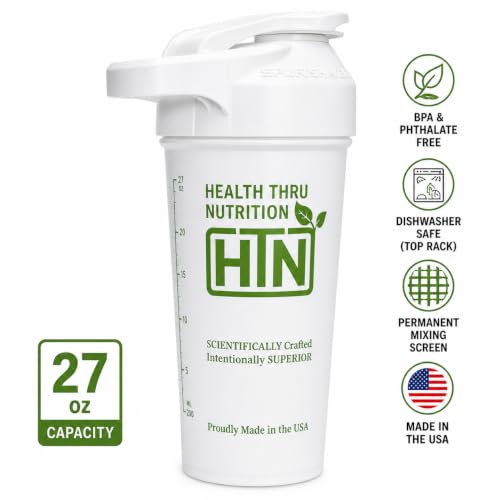 Image of Health Thru Nutrition Shaker Bottle 27 oz - Made in USA Smoothie & Protein Shaker | Safe for Sports Blender Bottle | BPA & Phthalate Free, Permanent Mixing Screen | Dishwasher Safe
