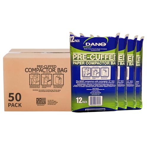 Dano Pre-Cuffed Paper Trash Compactor Bags (50 Pack) | Heavy Duty Kitchen Garbage Compactor Bags & Liners | 16 Gallon Precuffed Garbage Bag for Compactor | Eco-Friendly Compactor & Trash Bag
