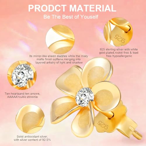 NAITIAY 925 Sterling Silver Plumeria Flower Stud Earrings for Women Cubic Zirconia Crystal Flower Stud Earrings for Women Dainty Fashion Mirror Like Sheen and Matte Finish Combination Hypoallergenic Daisy Earring Minimalist Jewelry — view 3