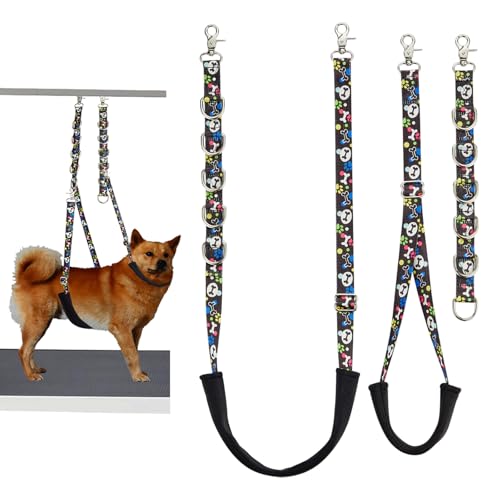 Dog Grooming Belly Straps – Adjustable Grooming Loops with Cute Paw & Bone Pattern – Pet Grooming Belly Support Band Table Accessories Restraint Noose for Small to Large Dogs(Black)