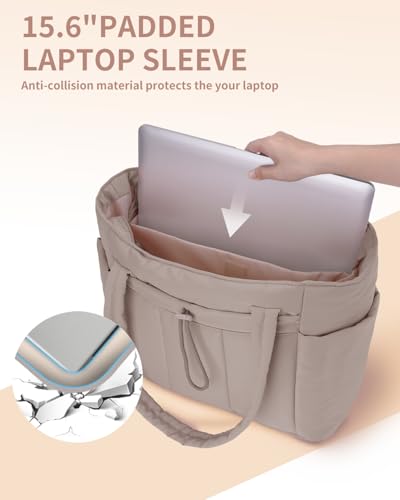 Wandering Nature Puffy Quilted Tote Bag w/ 15.6" Laptop Compartment (Beige) - image 5