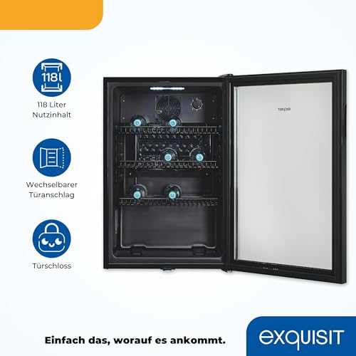 Exquisit Glastürkühlschrank GKS120-GT-160C schwarz | Nutzinhalt: 118 L | Türschloss | 3 Gitterablagen | Umluftventilator | Standgerät